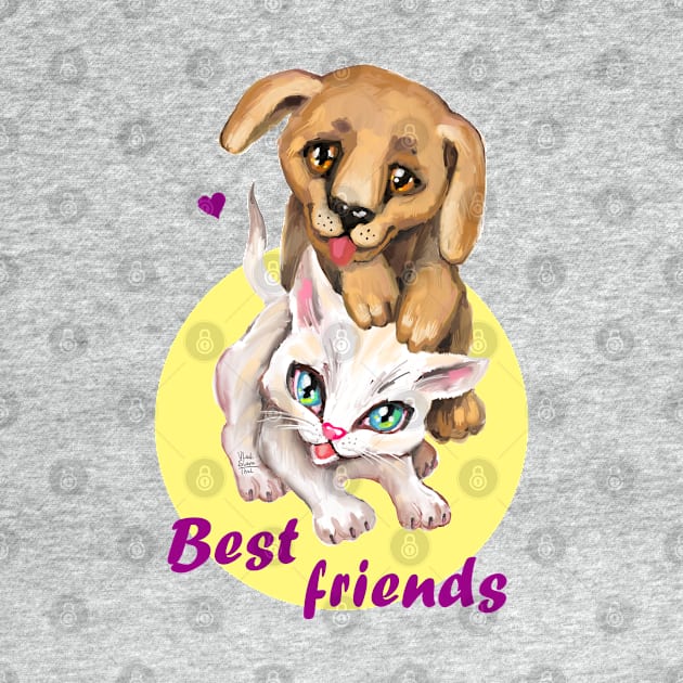 Cute small cat and dog. Sweet little baby pets. Kitten and puppy friends. by Rukki Zukki Art